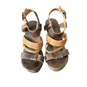 Bed Stu Jaslyn Brown, Tan Braided Leather Platform Bohemian Wedge Sandals Size 8